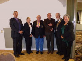 L-R Rtn.Colin Ovenden, Rtn. Karen Coppin, District Governor Rtn. David Simpson, Nick Usher, President Rtn. Alan Burdass, Rtn. Ellen Ovenden.