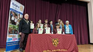 Youth Speaks Teams pictures with Dunmow Rotary President Peter Watson and Takeley Rotary President Jenny Versey.