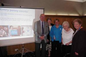 Senlac Rotary President, Christine Folley, with Alyson Smith, Parkinson"™s UK Research Regional Fund Raiser, and members of the local Parkinson"™s Society Branch