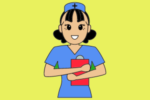 A computer graphic of a nurse clutching a red clipboard.