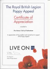 Certificate of Appreciation for the monies raised last year