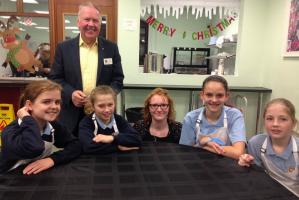 The Market Bosworth School's Finalists.  Front, from the  left: Ellie, Mae, Mrs Wright (teacher), Summer and Jessica.   Click the picture to read all about it.