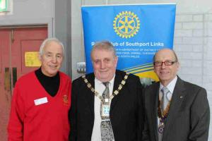 Rotarian Ted Mason, Mayor of Sefton Paul Cummings and the President of The Rotary Club of Southport Links, Barrie Swan