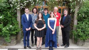 Sounds Fantastic 2018 young musicians are pictured with Rotary Club of Narberth & Whitland President David Haward and accompanist Clive Raymond.