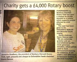Newspaper coverage of £4,000 donation to SANDS.