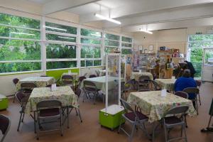 New tables and tablecloths for the Sanctuary Cafe