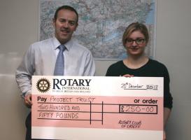 Sharon Dawson being presented with Crieff Rotary's contribution to her fund raising efforts by Club Treasurer, David Smart