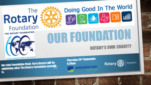 Our Club Foundation Chairman Terry will be telling us about the work of OUR Rotary Foundation and why we should better support it.