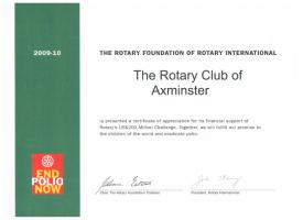 A card from Foundation acknowledging the generosity of the Club towards eliminating polio