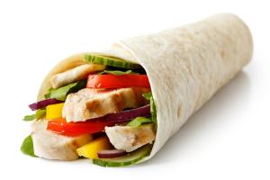 A chicken and salad tortilla wrap