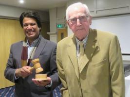 Photo from last year shows Azad receiving the new Bexhill Mayor’s gavel made by the club’s oldest member, Bill Heynes, who was a mere 89 years old at the time.