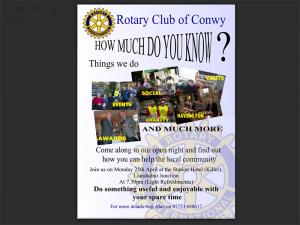 Poster for open evening for Conwy Rotary club