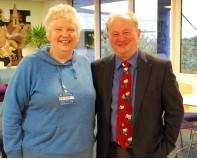 Pam talking to the Club about her background in sport and Fife Sports Council. Pictured here with Bruce Henderson of Crossroads.