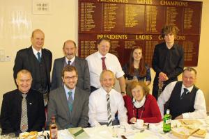 Photo shows top table with sitting Bobby Jess, Oliver Mundell, Stewart Lee, Rev Ella Pennington and Colin Mair. Standing are Willie Prentice, Brian Lord, Rotary President Gordon Steele, Musical entertainers Heather O