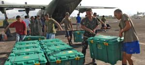 Shelterboxes arriving at a disaster zone