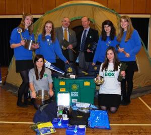 Gordon Peel and Les Rushbury from TuT showing ShelterBox contents to pupils of Waldegrave School