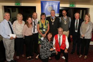 The representatives of the organisations receiving cheques on the night with the new President (Andrew Walsh-Waring), the past president (Ken Fricker) and the Mayor of Frome (Cllr Toby Eliot)