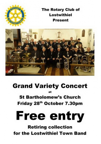 Lostwithiel Town Band Grand Variety Concert starting at 7:30pm, sponsored by the Rotary Club of Lostwithiel.  Entry is free, but there will be a retiring collection at the end of the concert for the Lostwithiel Town Band