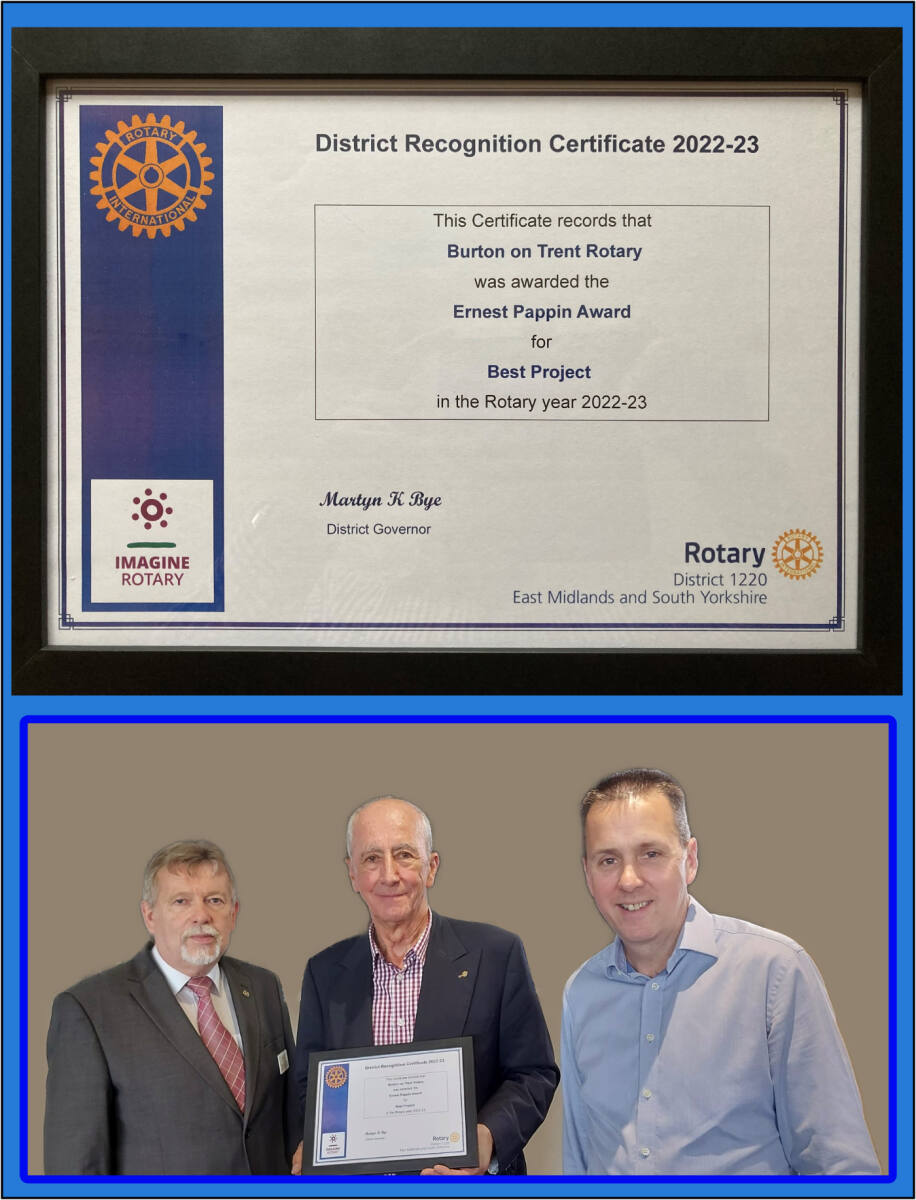 We are thrilled to share with you the highlights of the last meeting, featuring a presentation by Tony Waldron, our Assistant District Governor, the prestigious Ernest Pappin Award for the Best Project in the Rotary Year 2022-23. Receiving the award, none other than Mel Thomas for his outstanding Hospital Pack project. We are proud to have Mel as part of our Rotary community. Pictured, left to right, Tony Waldron, Mel Thomas, and Peter Gibbs, Manager of the Waitrose store in Uttoxeter, capturing this special moment of recognition. 