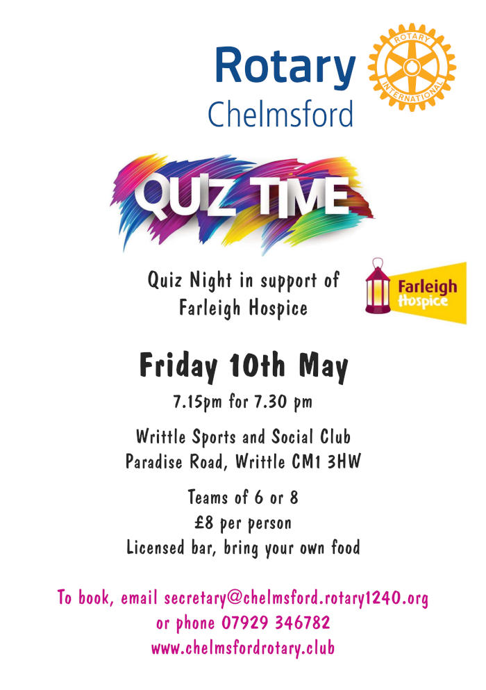Flyer for a quiz to be held at Writtle Sports and Social Club on 10 May 2024 at 19:15 for 19:30 to raise funds for Farleigh Hospice