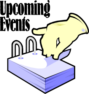 Coloured drawing of a hand turning over pages in a desk diary and labelled 'Upcoming events'