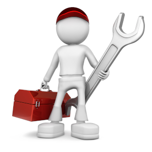 A cartoon man holding a spanner as large as himelf and standing beside a red toolbox