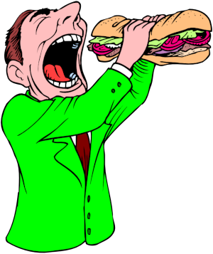 Cartoon of a man opening his mouth wide in order to eat an enormous baguette