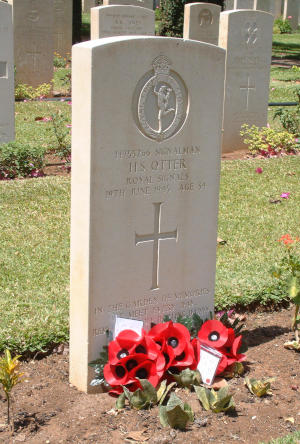 A commonwalth war grave with three large red poppies at the foot