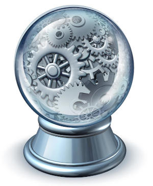 A crystal ball with cogwheels inside it