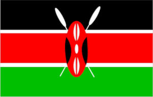 A flag showing black, red and green horizontal bands with an African shiled superimpposed