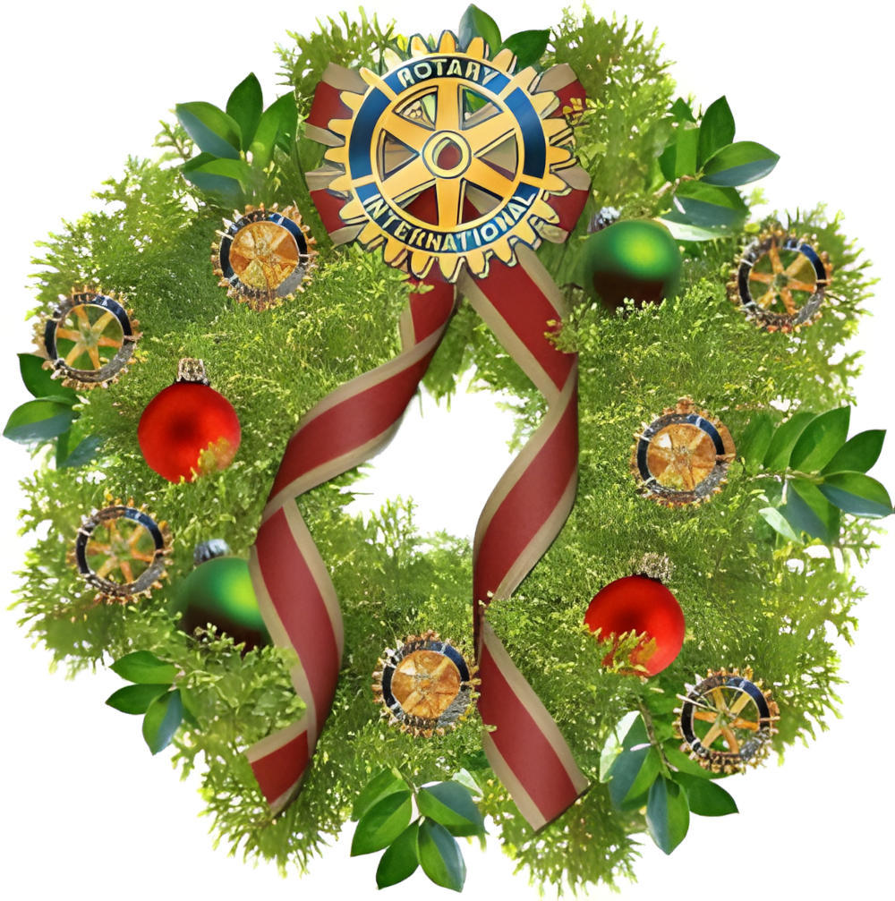 A Christmas wreath with Rotary cogwheels in it