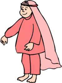 Coloured line drawing of a small boy dressed as a shepherd in a Nativity play