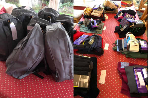 Red backpacks on a carpet