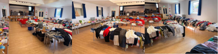 Three photos of jumble sale stalls