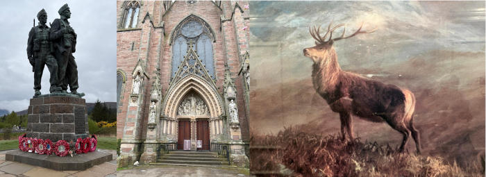 Statue of two WWii# soldiers, west door of a cathedral plus a painting of a stag