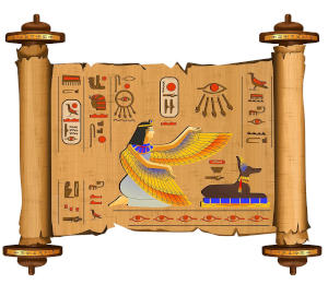 A painting of a partialy unrolled scroll bearing Egyptian symbols