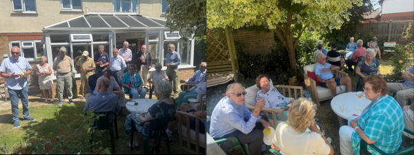 Two photogrphs of people relaxing around tables in a garden