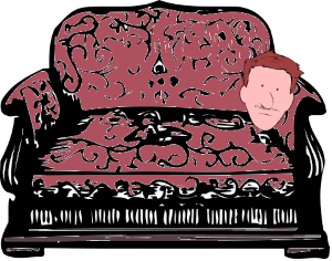 Cartoon of a man stuck inside a sofa, just his head showing