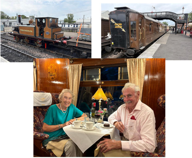 Geoff and Angela's day Pictures of an old tank engine, Pullman carriages from the Golden Arrow and a smiling couple in a railway dining car