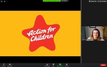 Screenshot showing the Action for Children logo with a woman with long hair alongside