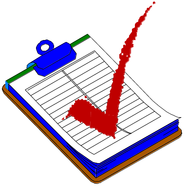 A computer image of a clipboard with a list on it bearing a large red tick
