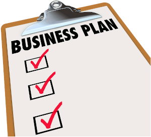 A clipboard bearing a paper headed 'Business Plan' with a list of ticked blank items