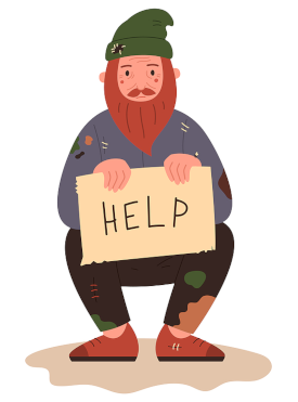 Computer graphic of a ragged man holding a sign asking for help