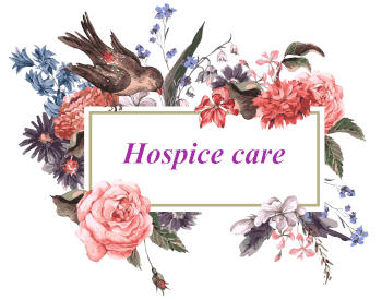 Painting of a bird and flowers surrounding the words 'Hospice care'