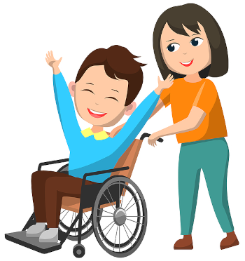 Compture image of a happy boy in a wheelchair being pushed by a smiling girl