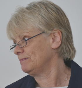 Head of a grey-haired lady wearing glasses