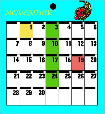 A calendar page for a month with various dates highlighted