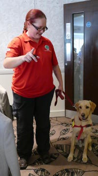 A woman with spectacles and a red T shirt handling a Golden Retriever