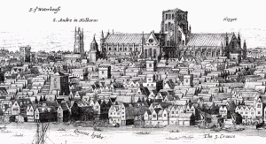 A woodcut of the north bank of the Thames in Elizabethan times, showing the old St Pauls
