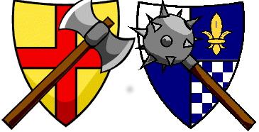 Two shields side by side, one with an axe superimposed and the other wieh a mace